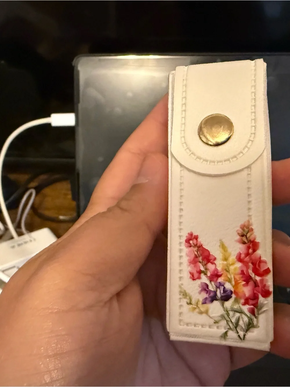 Floral Black Leather Key Fob with Gold Hardware